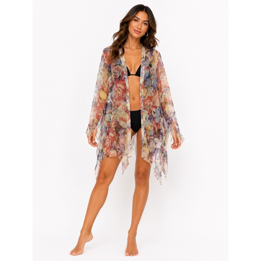 Floral‎ Sheer Open Front Handkerchief Hem Cardigan Duster Multicolor Boho Kimono